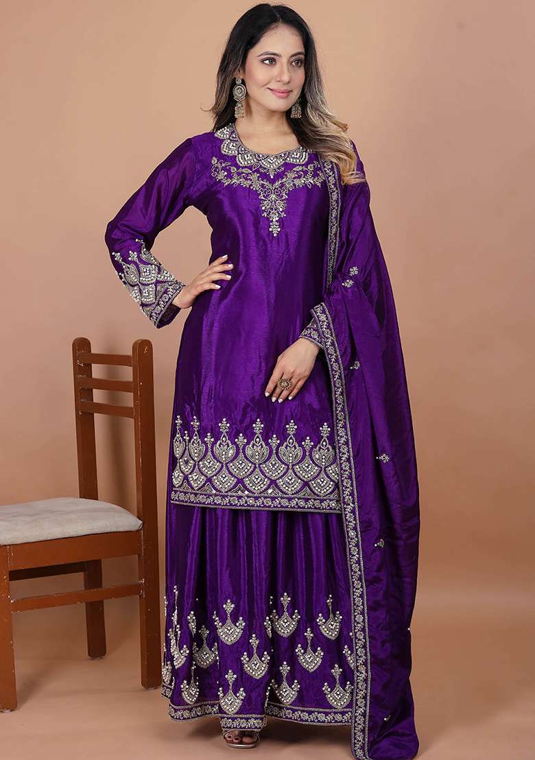 Purple Embroidered Chinon Sharara Set - Indya