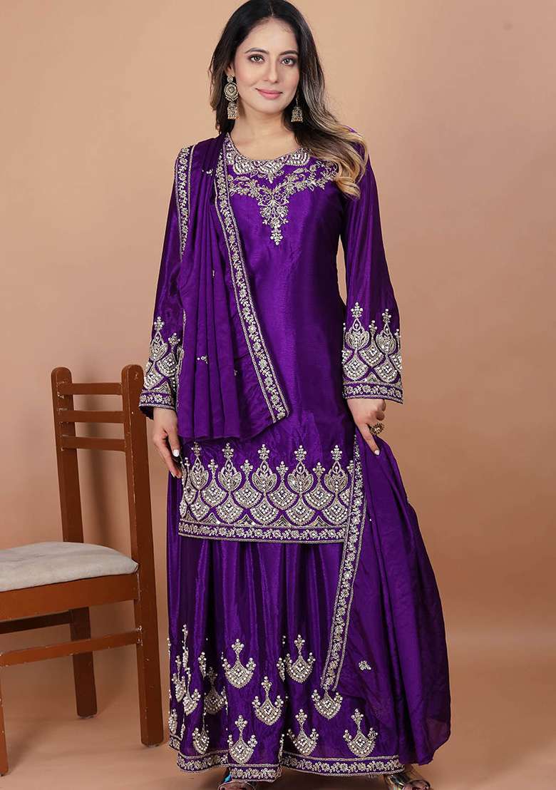 Purple Embroidered Chinon Sharara Set - Indya