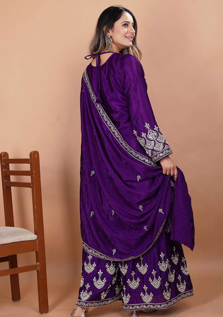Purple Embroidered Chinon Sharara Set - Indya