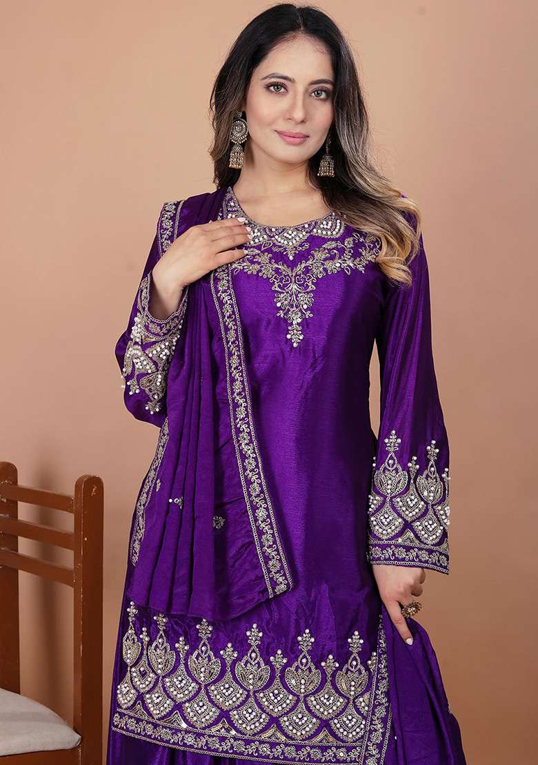 Purple Embroidered Chinon Sharara Set - Indya