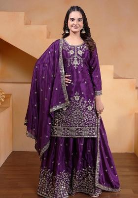Purple Motif Chinon Kurta Set