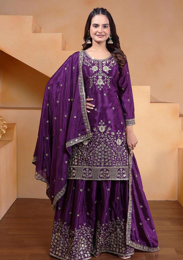 Purple Embroidered Chinon Sharara Set - Indya