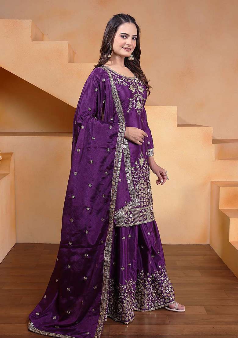 Purple Embroidered Chinon Sharara Set - Indya