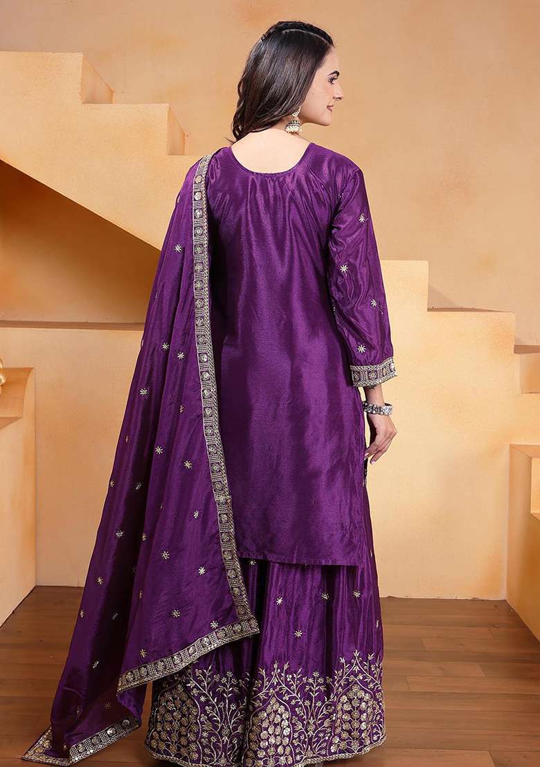 Purple Embroidered Chinon Sharara Set - Indya