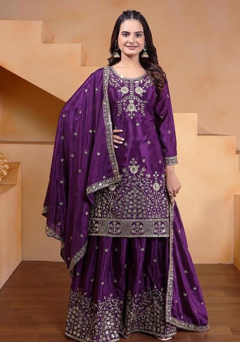Purple Motif Chinon Kurta Set