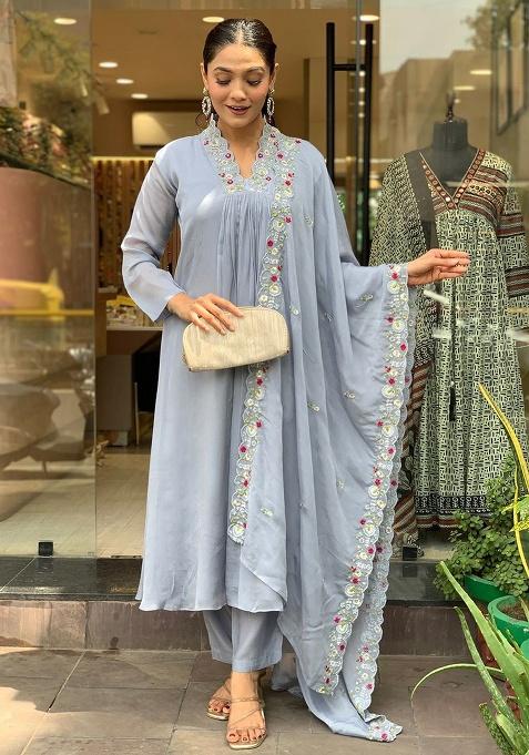 Grey Motif Chinon Kurta Set