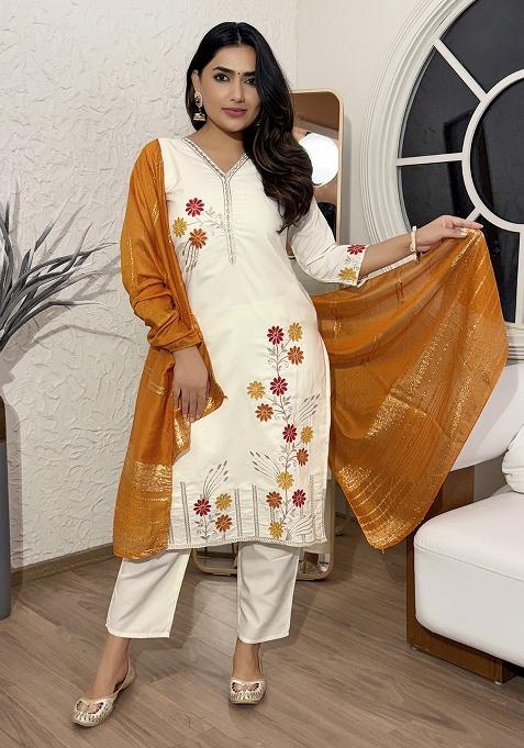 Orange Motif Silk Kurta Set