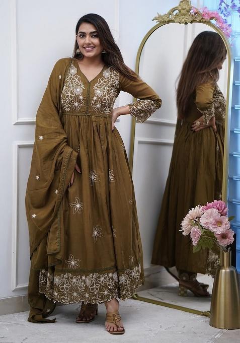 Brown Motif Silk Kurta Set