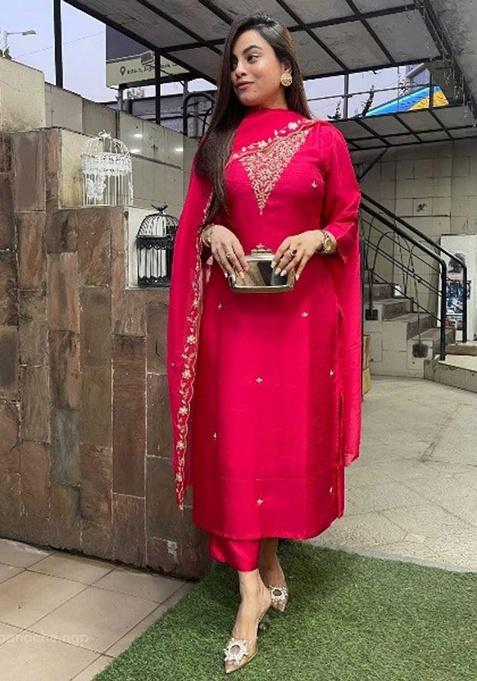 Pink Motif Chanderi Kurta Set