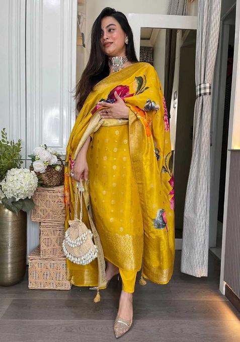 Yellow Motif Jacquard Kurta Set