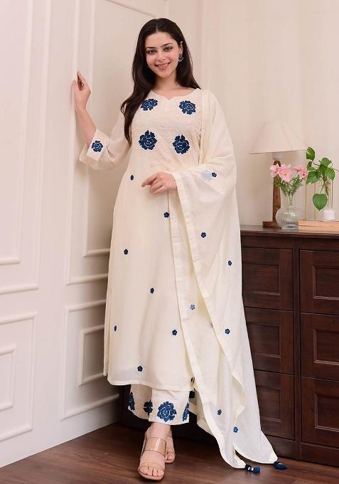 White Motif Viscose Rayon Kurta Set