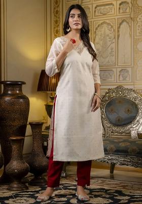 Off White Motif Silk Kurta Set