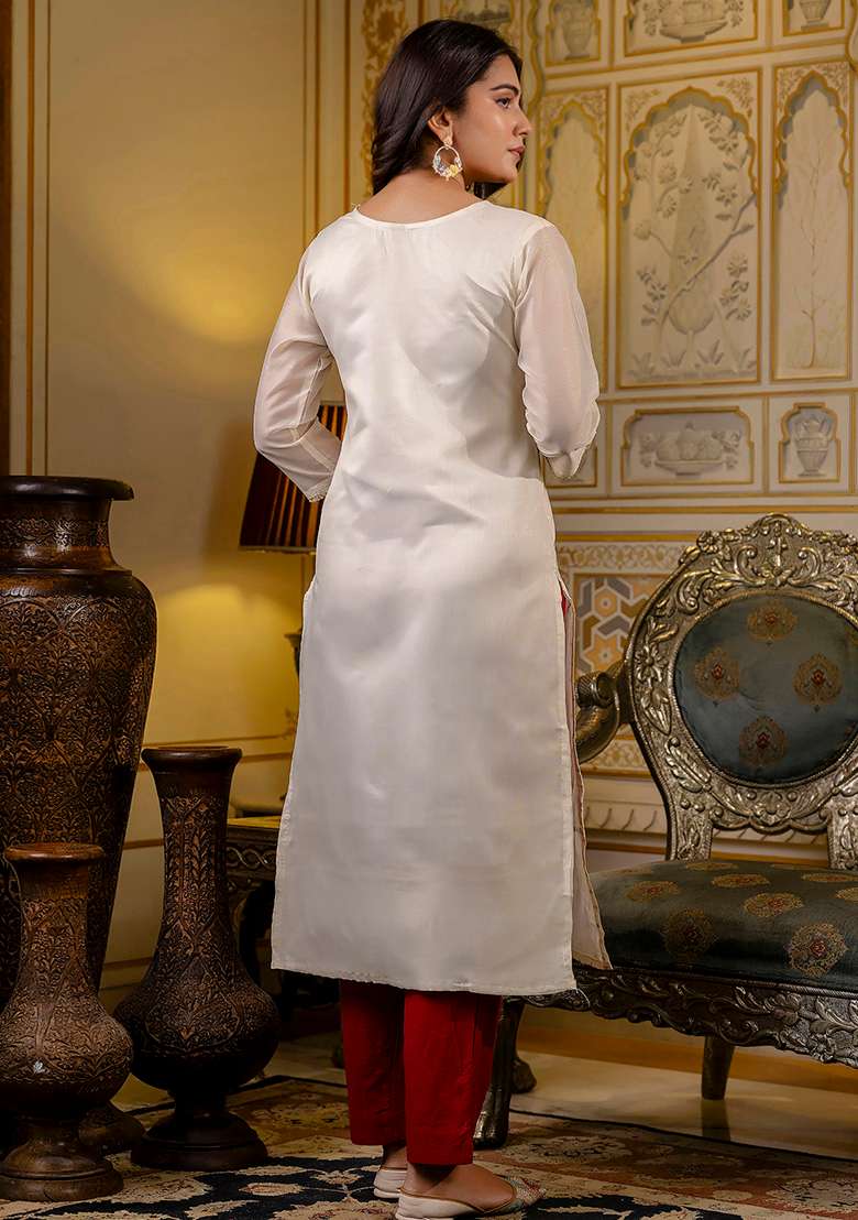 Off White Embroidered Silk Blend Straight Kurta Set - Indya