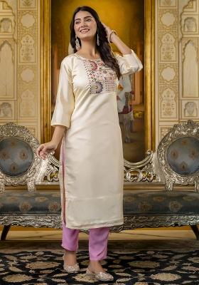 Off White Motif Silk Kurta Set