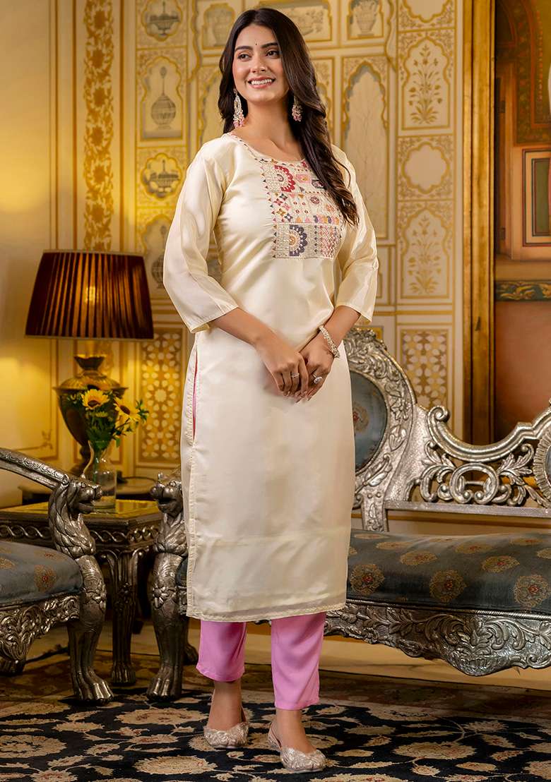 Off White Embroidered Silk Blend Straight Kurta Set - Indya