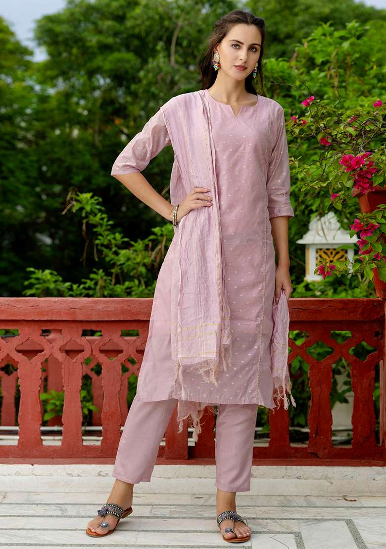 Baby Pink Chikankari Silk Blend Straight Kurta Set - Indya