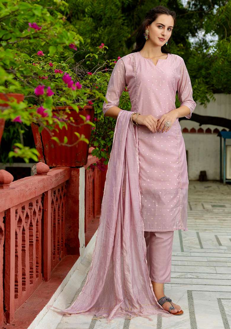 Baby Pink Chikankari Silk Blend Straight Kurta Set - Indya