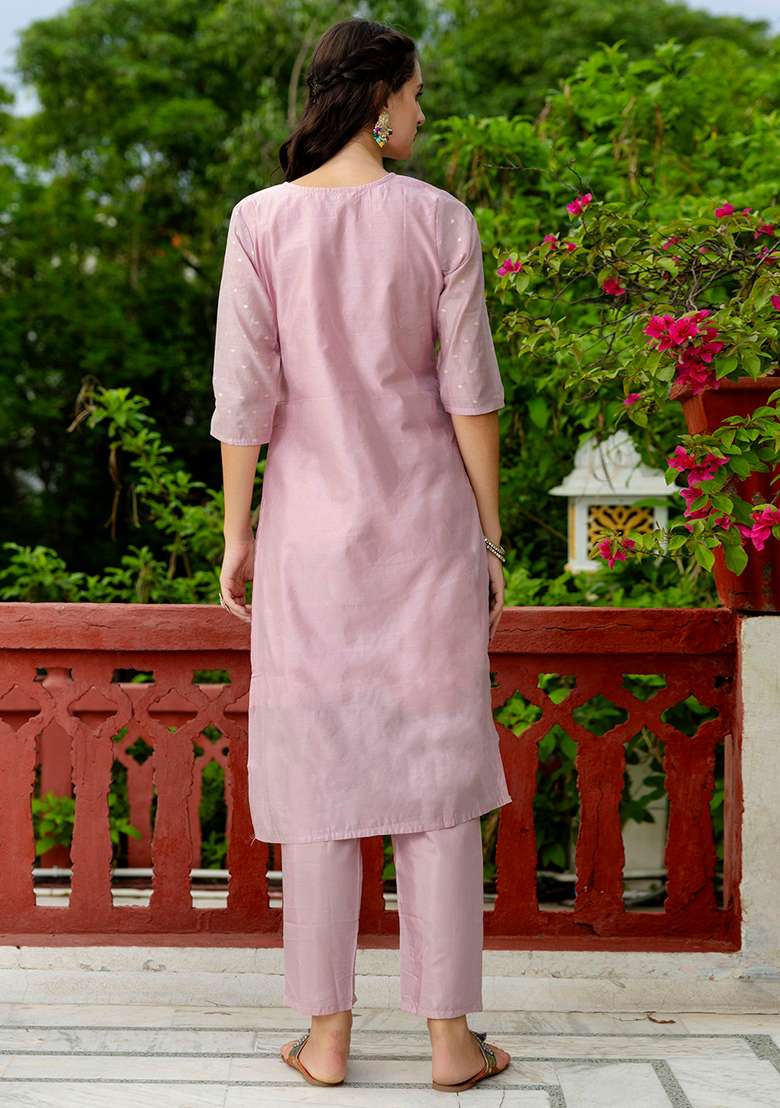 Baby Pink Chikankari Silk Blend Straight Kurta Set - Indya