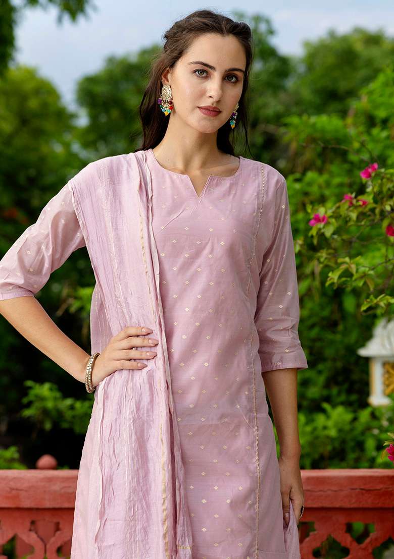 Baby Pink Chikankari Silk Blend Straight Kurta Set - Indya