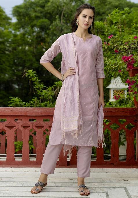 Baby Pink Motif Silk Kurta Set