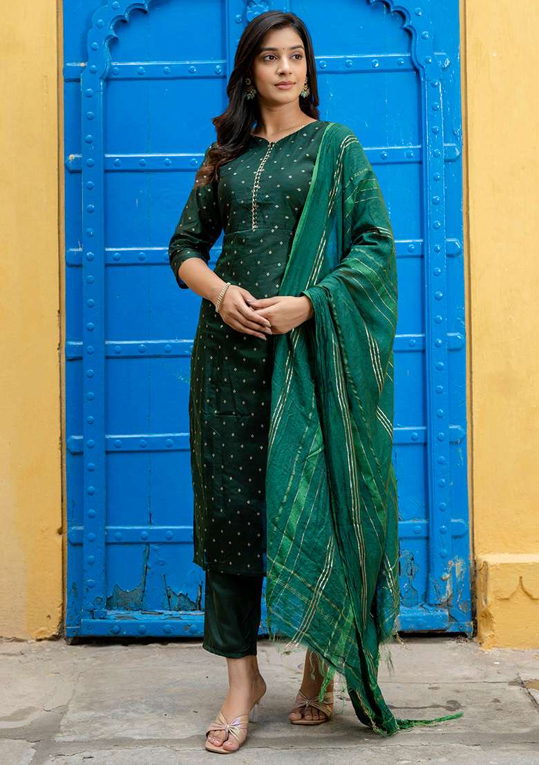 Green Printed Silk Blend Straight Kurta Set - Indya