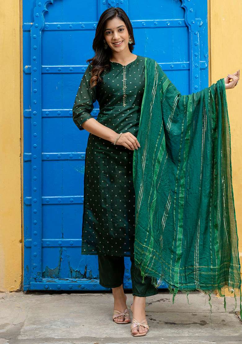 Green Printed Silk Blend Straight Kurta Set - Indya