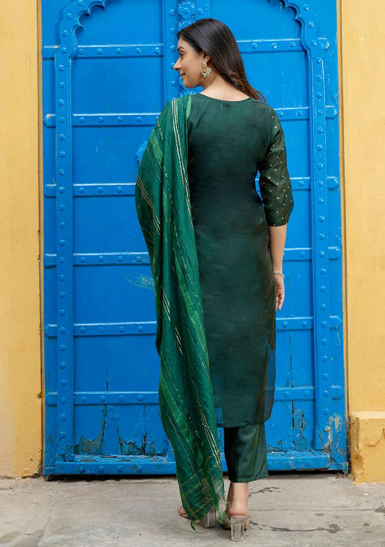 Green Printed Silk Blend Straight Kurta Set - Indya