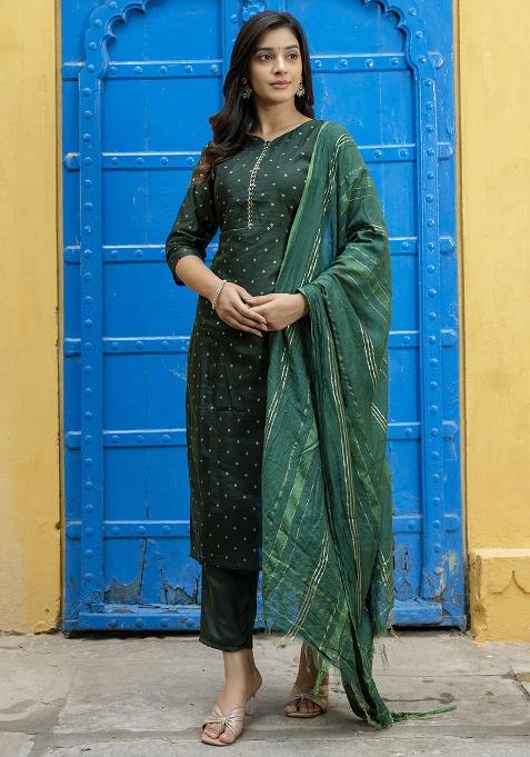 Green Motif Silk Kurta Set