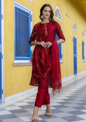 Maroon Printed Silk Blend Straight Kurta Set