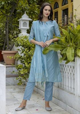 Sky Blue Jacquard Silk Straight Kurta Set