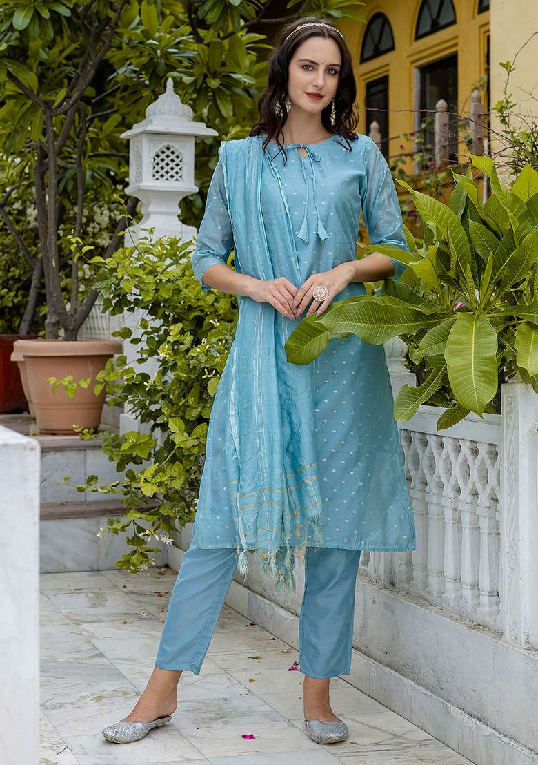 Sky Blue Jacquard Silk Blend Straight Kurta Set - Indya
