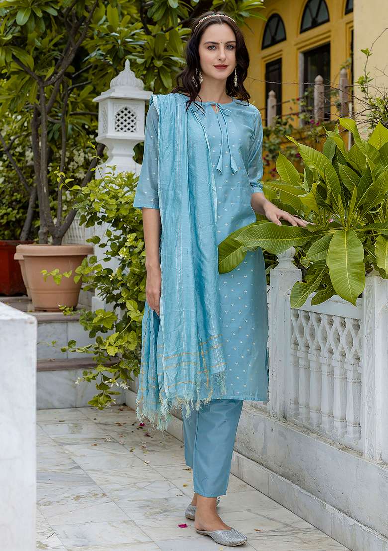 Sky Blue Jacquard Silk Blend Straight Kurta Set - Indya