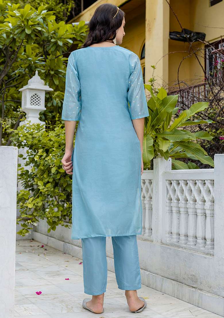 Sky Blue Jacquard Silk Blend Straight Kurta Set - Indya