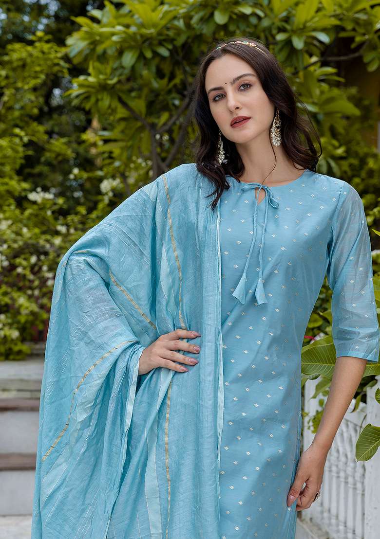 Sky Blue Jacquard Silk Blend Straight Kurta Set - Indya