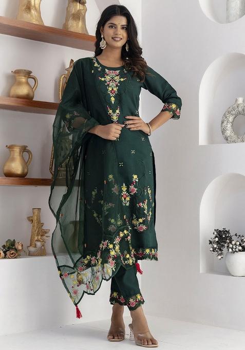 Green Motif Silk Kurta Set