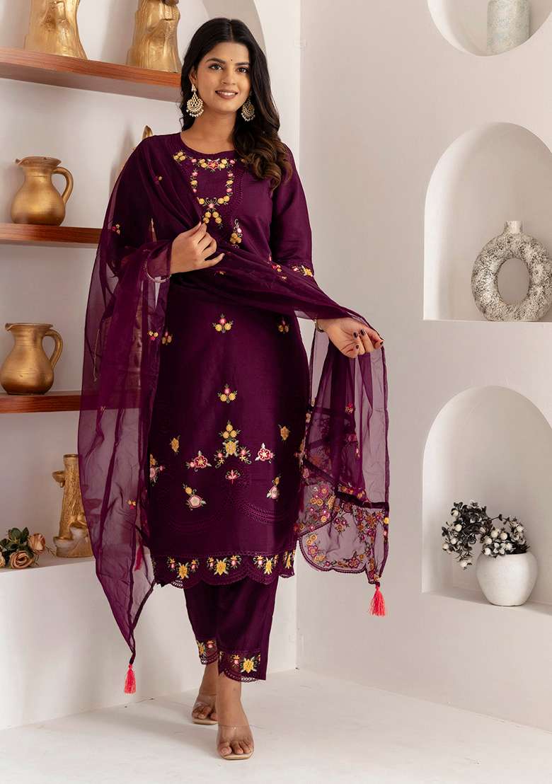 Wine Embroidered Silk Blend Straight Kurta Set - Indya