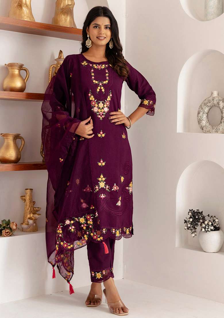 Wine Embroidered Silk Blend Straight Kurta Set - Indya