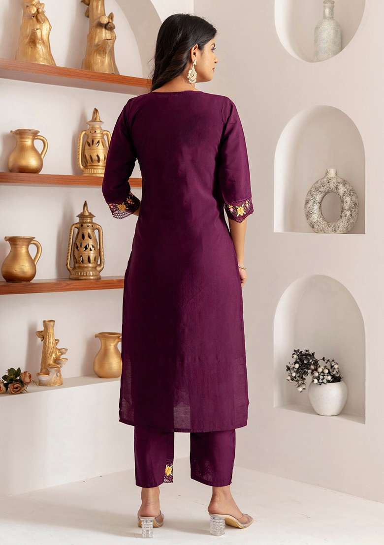 Wine Embroidered Silk Blend Straight Kurta Set - Indya