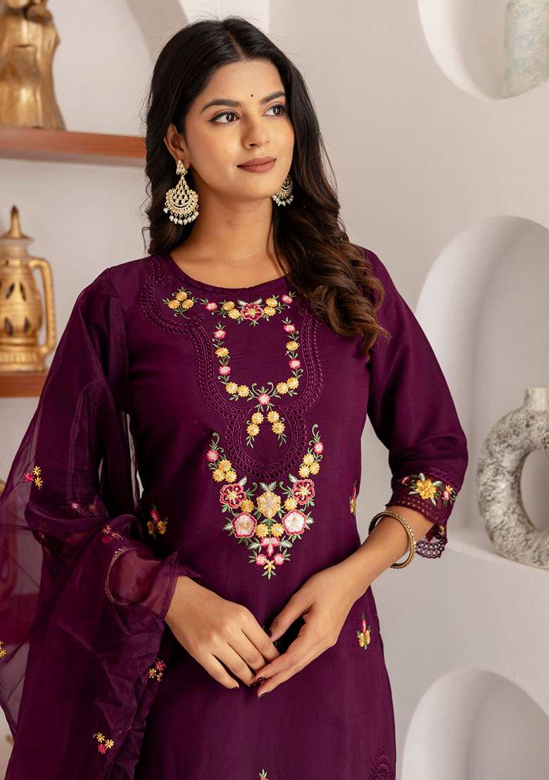 Wine Embroidered Silk Blend Straight Kurta Set - Indya