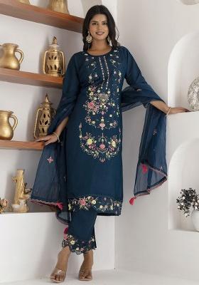 Teal Embroidered Silk Straight Kurta Set
