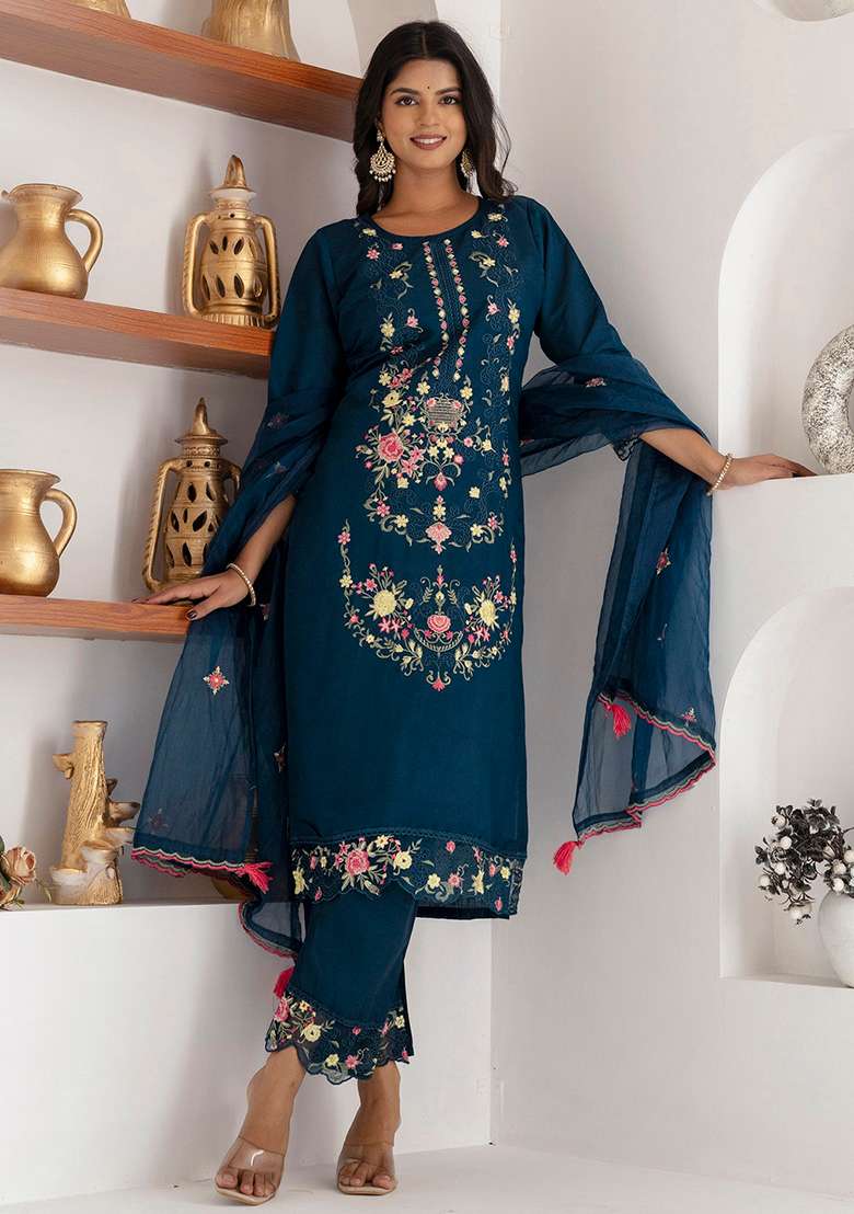 Teal Embroidered Silk Blend Straight Kurta Set - Indya