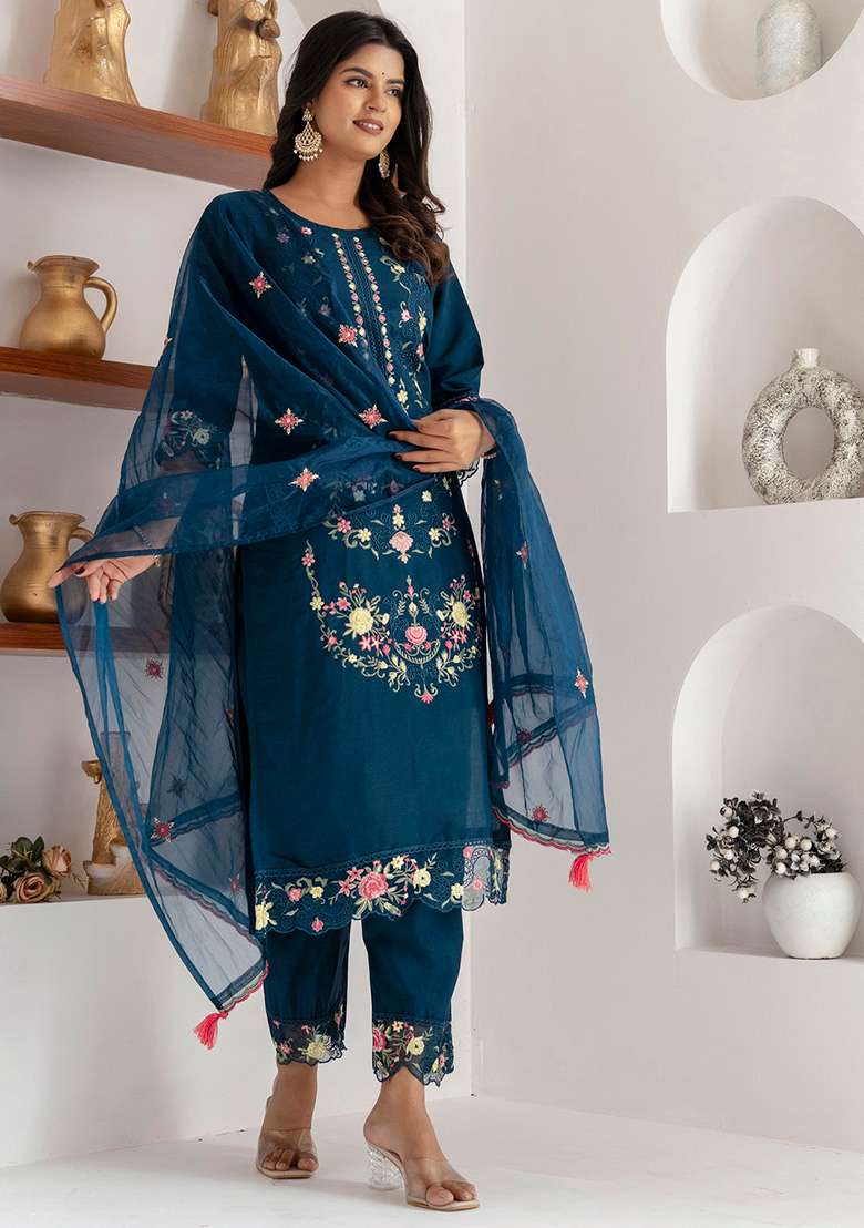 Teal Embroidered Silk Blend Straight Kurta Set - Indya
