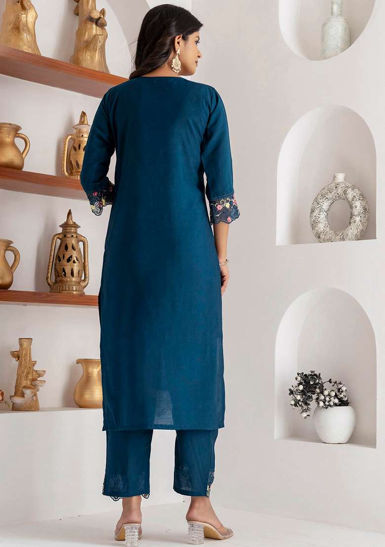 Teal Embroidered Silk Blend Straight Kurta Set - Indya