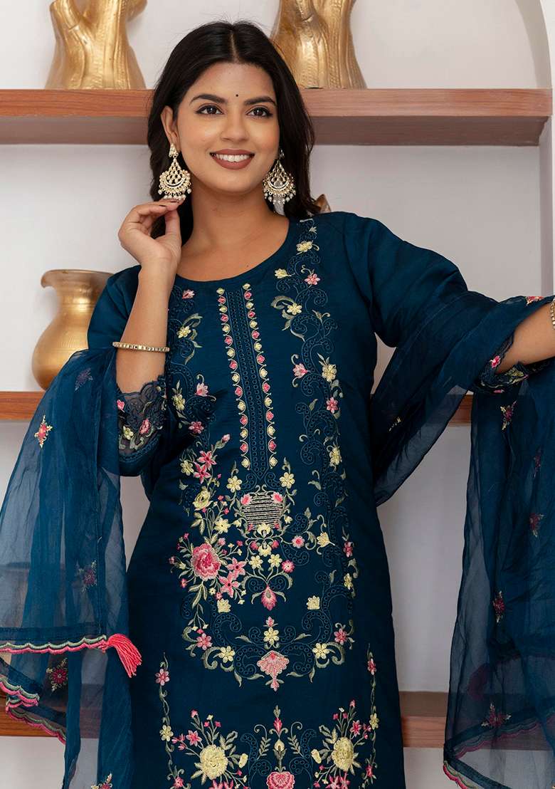 Teal Embroidered Silk Blend Straight Kurta Set - Indya