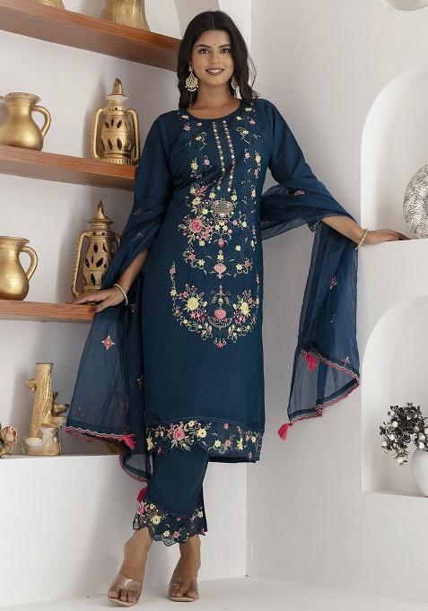 Teal Motif Silk Kurta Set