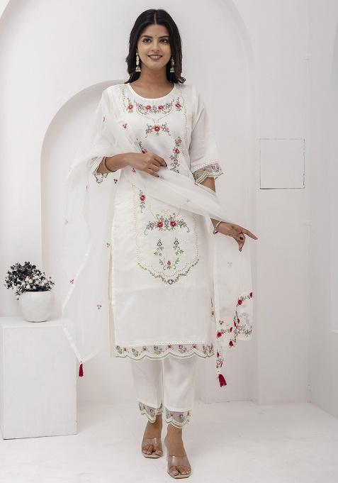 White Motif Silk Kurta Set