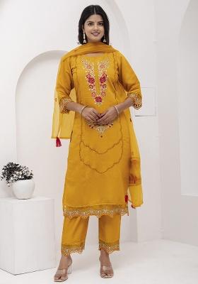 Yellow Embroidered Silk Blend Straight Kurta Set