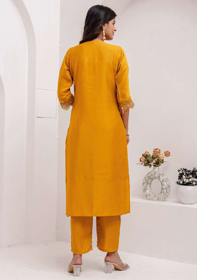 Yellow Embroidered Silk Blend Straight Kurta Set - Indya