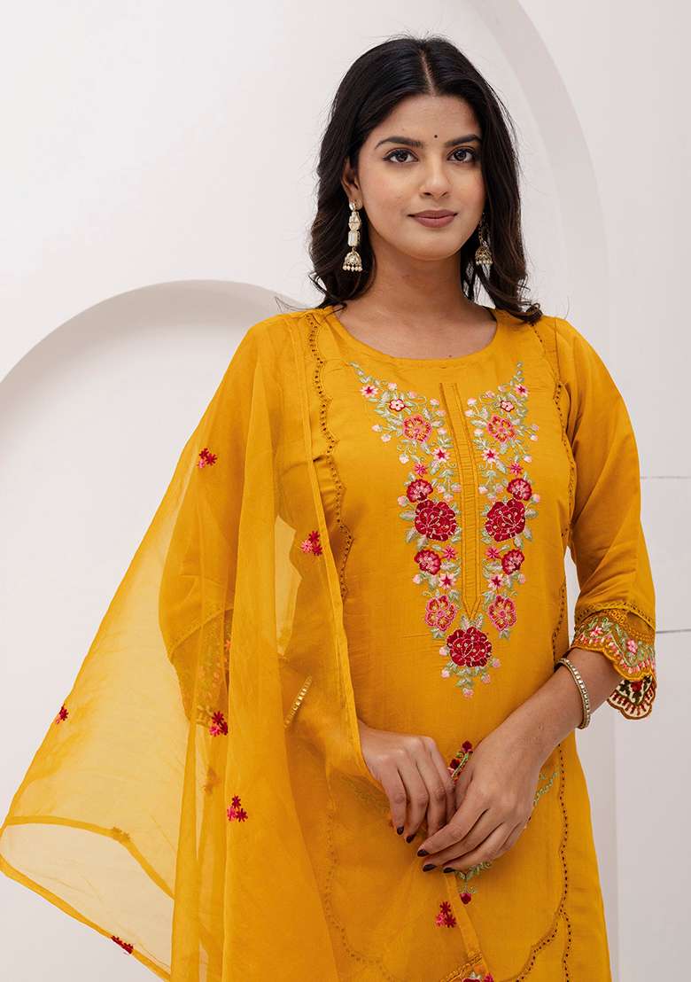 Yellow Embroidered Silk Blend Straight Kurta Set - Indya