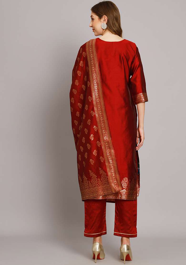 Maroon Jacquard Silk Blend Straight Kurta Set - Indya